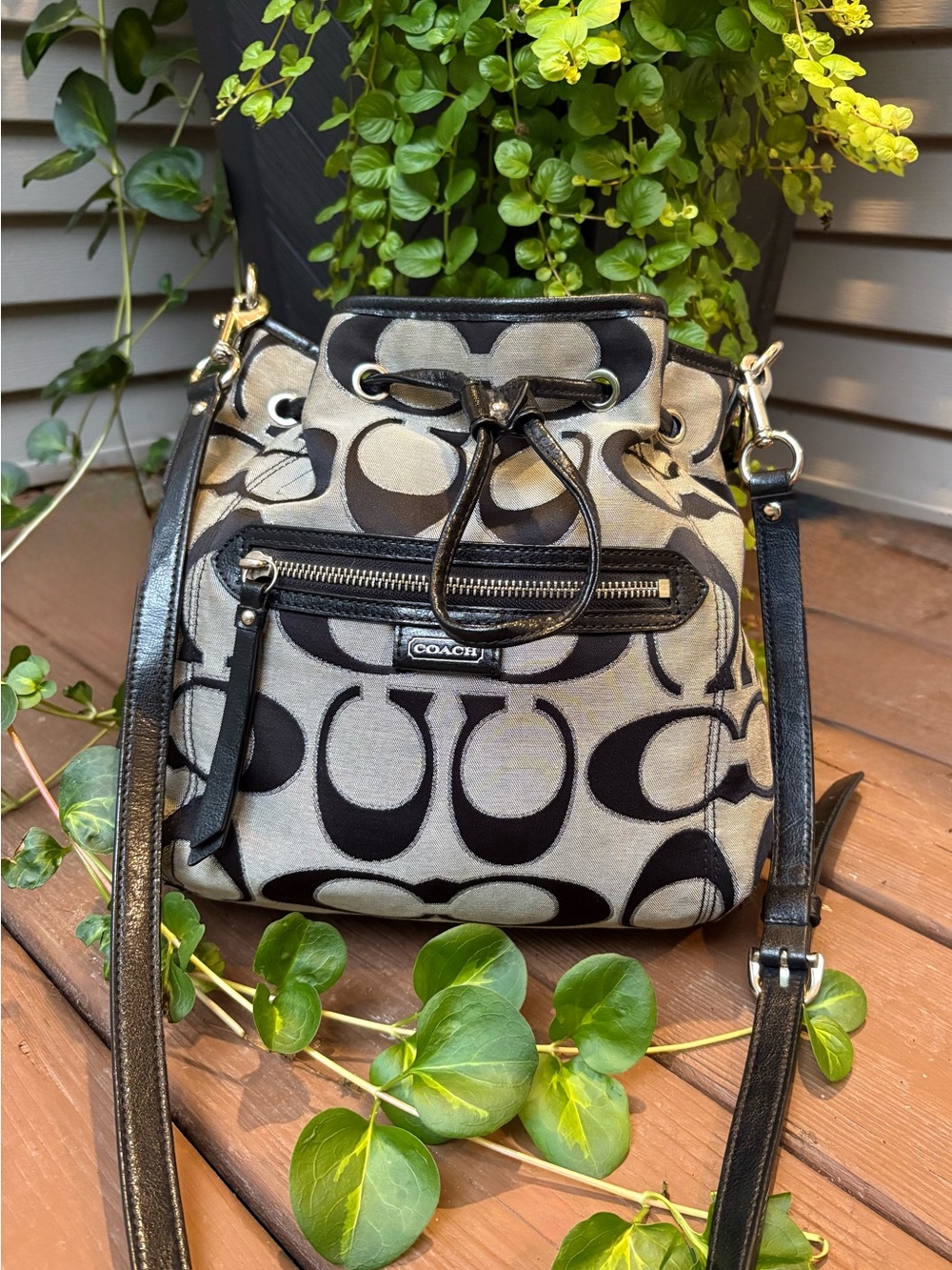 Vintage Coach Poppy Signature C Bucket Bag Purse Women Black Silver